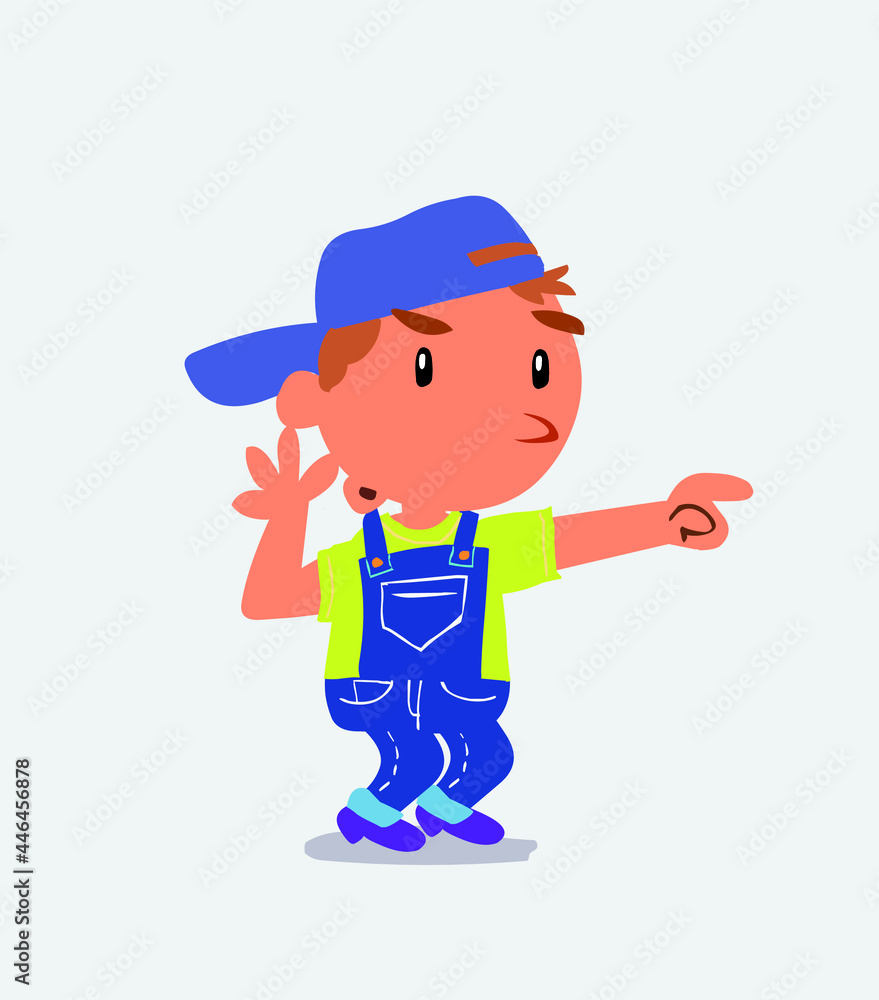 Surprised cartoon character of little boy on jeans points to something. Surprised cartoon character of little boy on jeans points to something.