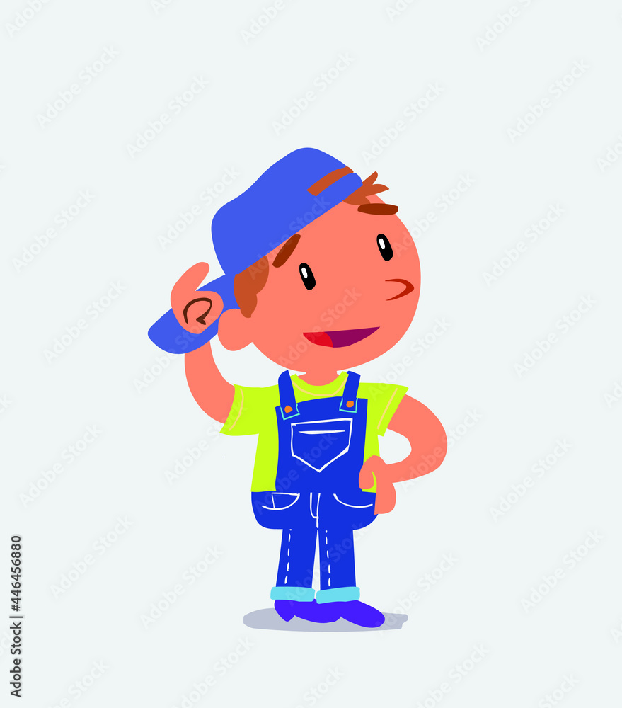 Thoughtful cartoon character of little boy on jeans scratching his head. Thoughtful cartoon character of little boy on jeans scratching his head.