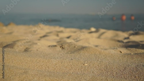 Calm beach on the sea in summer with golden yellow  sand and a few people in the water
