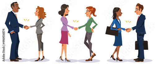 Six businesspeople are shaking hands in pairs. Vector illustration in flat cartoon style.