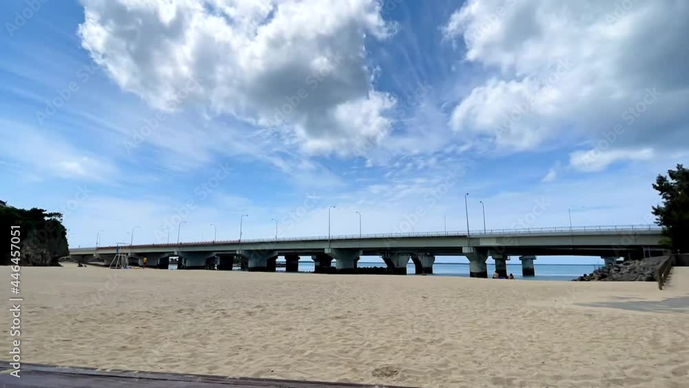 NAHA, OKINAWA, JAPAN - JUNE 2021 : View of Naminoue beach (Ocean or sea). Clear blue summer sky and clouds. Wide view time lapse shot in daytime. Holiday, vacation and resort concept shot. NAHA, OKINAWA, JAPAN - JUNE 2021 : View of Naminoue beach (Ocean or sea). Clear blue summer sky and clouds. Wide view time lapse shot in daytime. Holiday, vacation and resort concept shot.