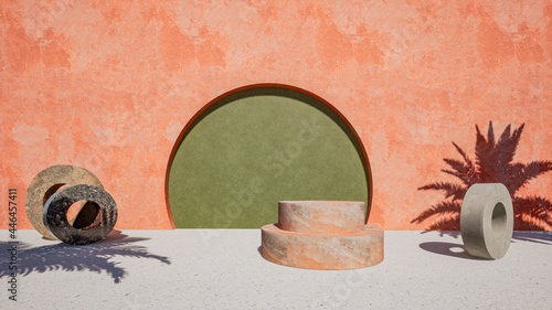 3d mock up scene with product podium. Earthy colors and tropical leaves shadows. photo