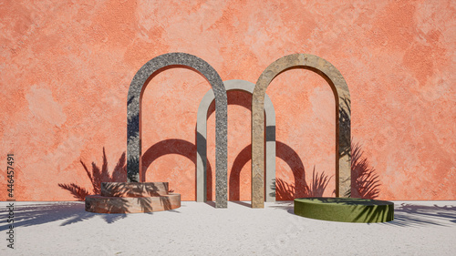 3d mock up scene for product promotion with stone arcs. Earthy colors and tropical leaves shadows. photo