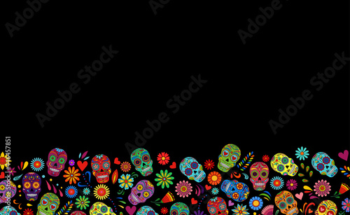 Day of the Dead  skulls banner. Dia de los muertos frame. Day of the dead and  mexican Halloween background. Mexican tradition  festival. Day of the dead sugar skull isolated. Dia de los Muertos skull