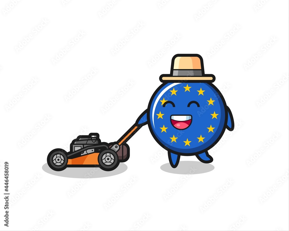 illustration of the europe flag badge character using lawn mower illustration of the europe flag badge character using lawn mower