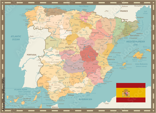 Detailed Political Map of Spain Vintage Color