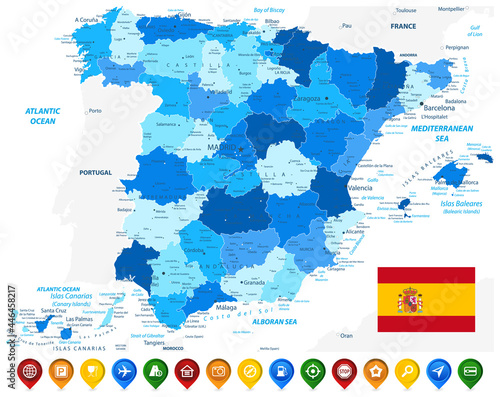 Spain Administrative Divisions Map Blue Color and Colored Map Icons
