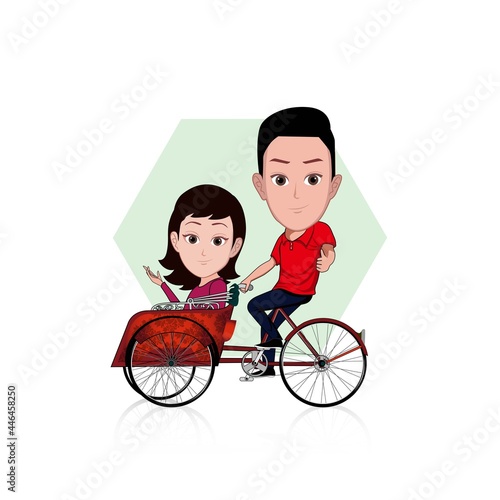 cartoon caricature of a couple driving a rickshaw