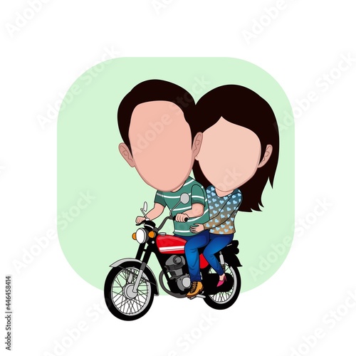 cartoon caricature of a couple riding a classic custom motorcycle wearing green shirt