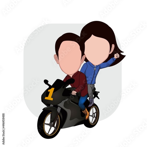 cartoon caricature of couple riding sport racing motorbike photo