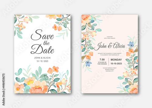 Wedding invitation card set with wild floral watercolor