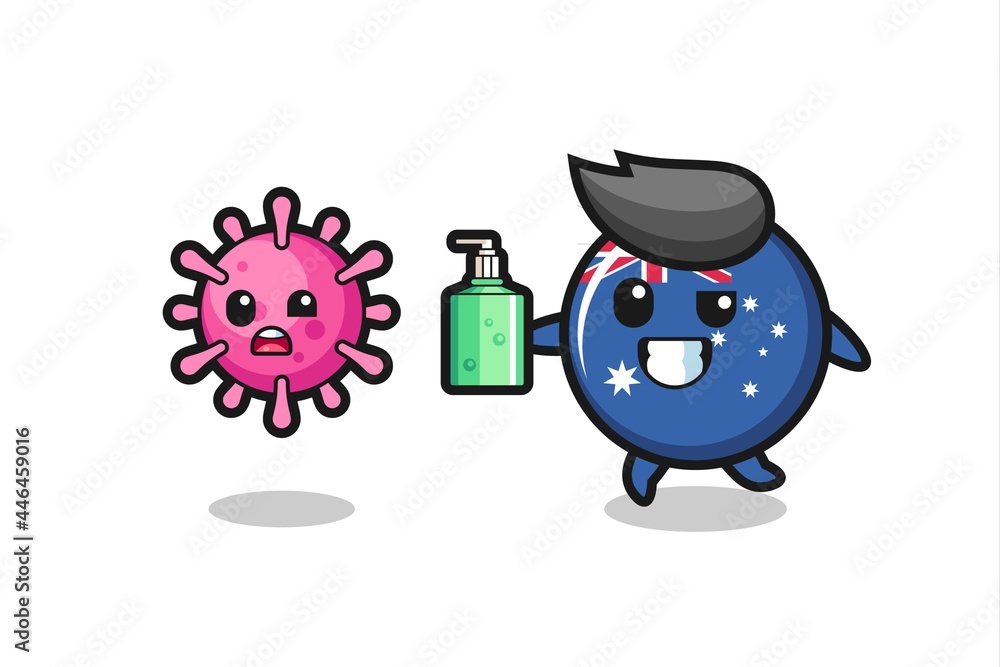 Fototapeta premium illustration of australia flag badge character chasing evil virus with hand sanitizer