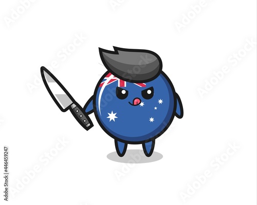 cute australia flag badge mascot as a psychopath holding a knife
