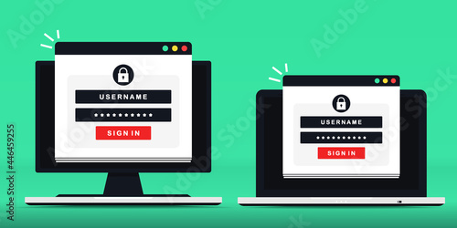 Login to account. Computer and laptop with login and authentication page concept. Password security access. Verification code. Illustration vector