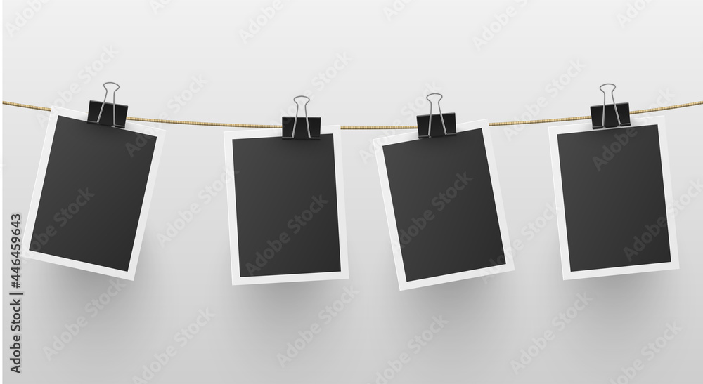 Set of retro blank photo frames hanged on rope attached with paper clip vector retro memory snapshot Set of retro blank photo frames hanged on rope attached with paper clip vector retro memory snapshot