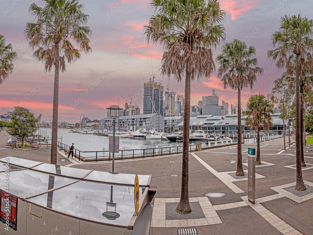 View over Darling Harbor in Sydney during sunset