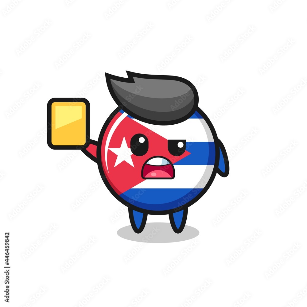 cartoon cuba flag badge character as a football referee giving a yellow card