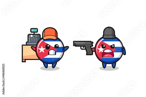 illustration of the cute cuba flag badge as a cashier is pointed a gun by a robber