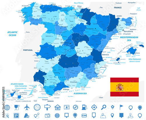 Spain Administrative Divisions Map Blue Colors and Navigation Icons