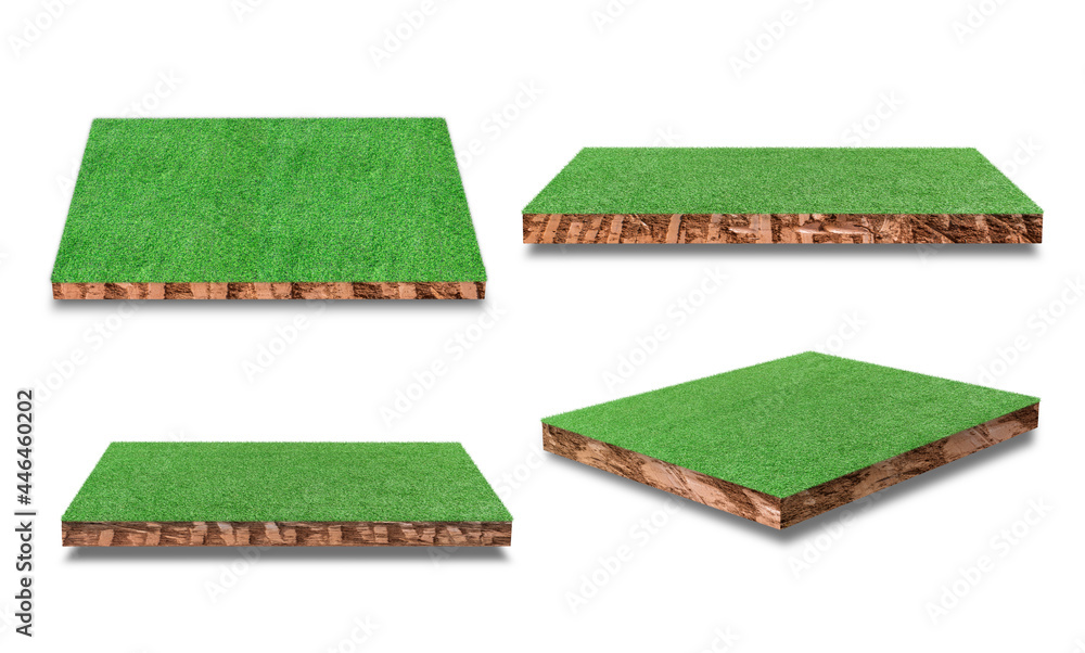 Collection of Soil cubic cross section with green grass field isolated ...