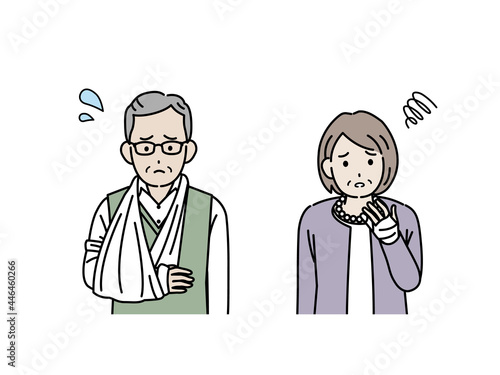 高齢者　年配　男女　骨折　怪我　ギプス　イラスト素材