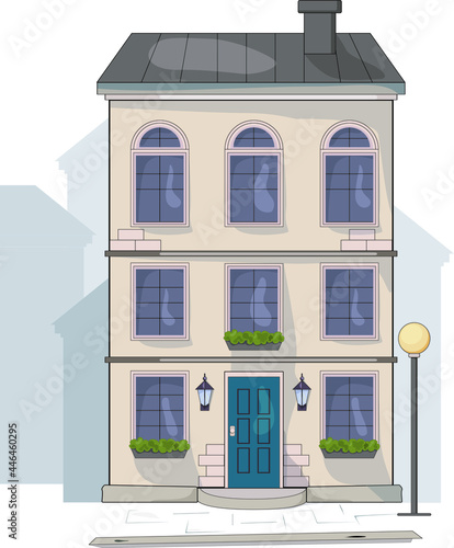 facade of a building. Urban european stile house , blue doors, three floors. Old city street. Streetlamp. Vector illustration isolated background