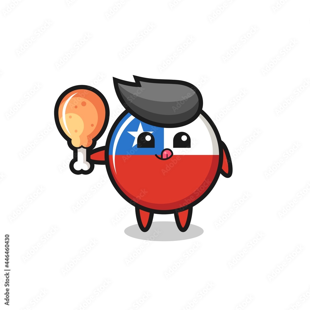 chile flag badge cute mascot is eating a fried chicken