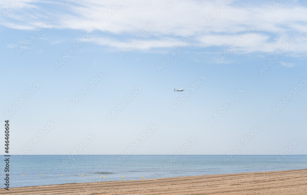 Airplane landing above beautiful beach and sea background