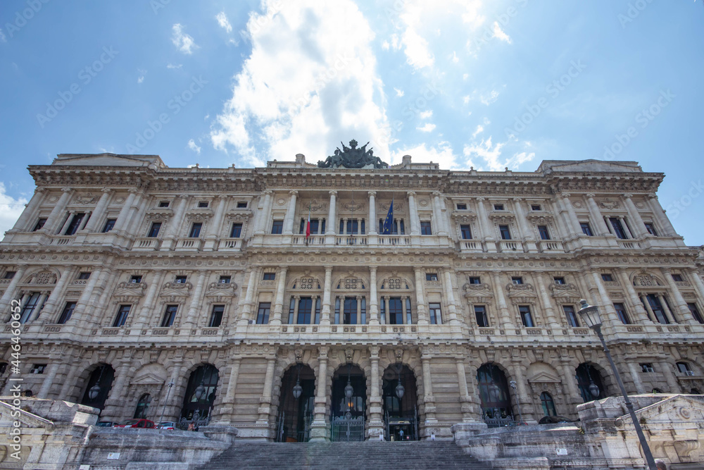 Obraz premium Panoramic of Palace of Justice, Rome : Supreme court,A bronze sculpture tops this architecturally ornate home to the highest Italian court of appeals.