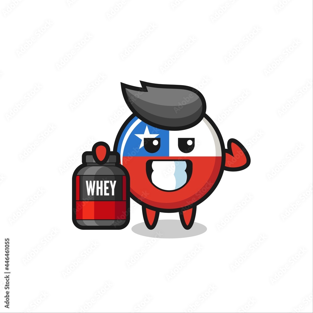 the muscular chile flag badge character is holding a protein supplement