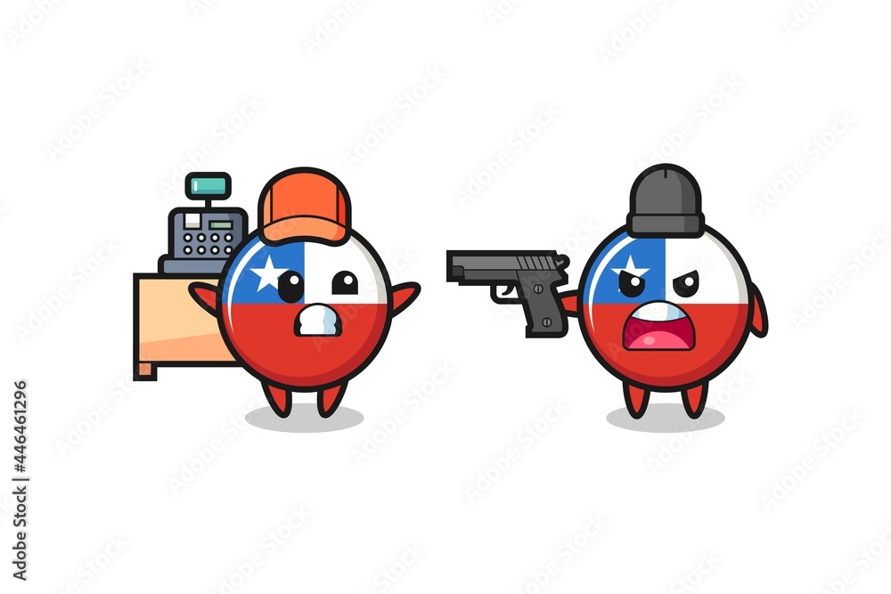 illustration of the cute chile flag badge as a cashier is pointed a gun by a robber illustration of the cute chile flag badge as a cashier is pointed a gun by a robber