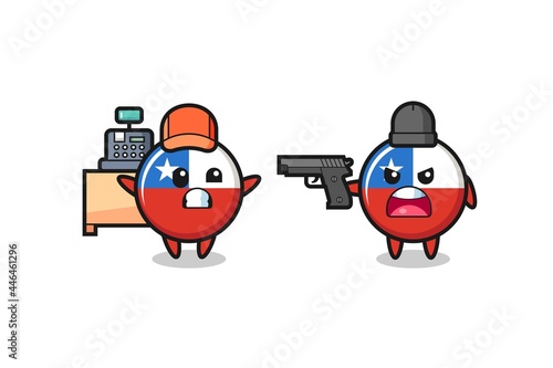 illustration of the cute chile flag badge as a cashier is pointed a gun by a robber