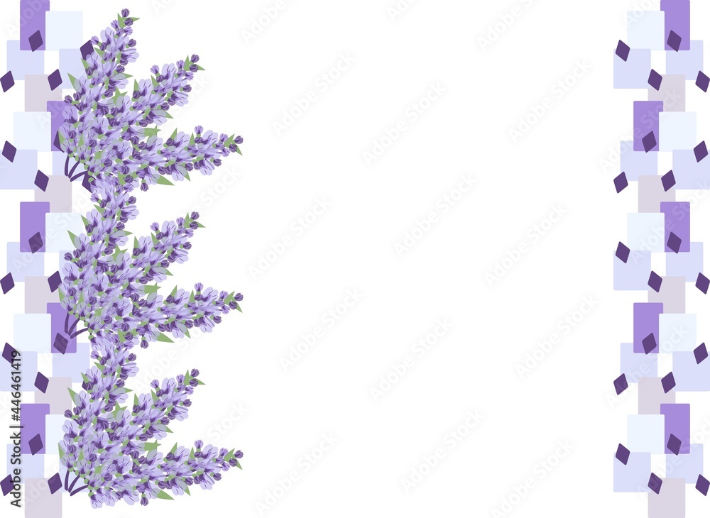 Frame with the image of lavender and vertical stripes of geometric shapes in different shades of purple on a white background for text, congratulations, invitations, print Frame with the image of lavender and vertical stripes of geometric shapes in different shades of purple on a white background for text, congratulations, invitations, print