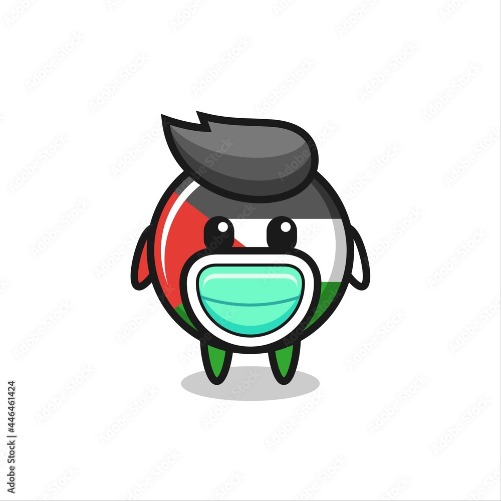 cute palestine flag badge cartoon wearing a mask