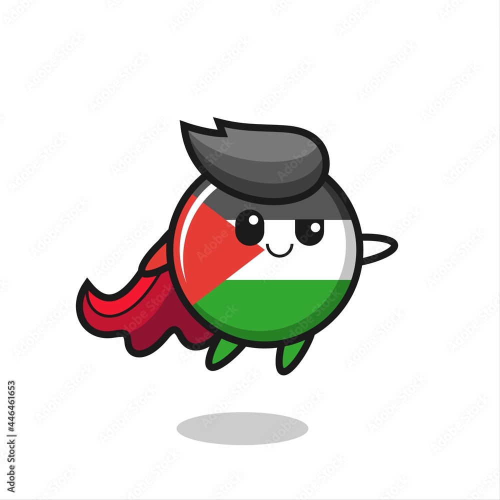 cute palestine flag badge superhero character is flying
