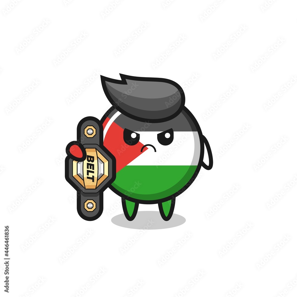 palestine flag badge mascot character as a MMA fighter with the champion belt