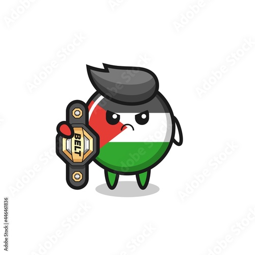 palestine flag badge mascot character as a MMA fighter with the champion belt