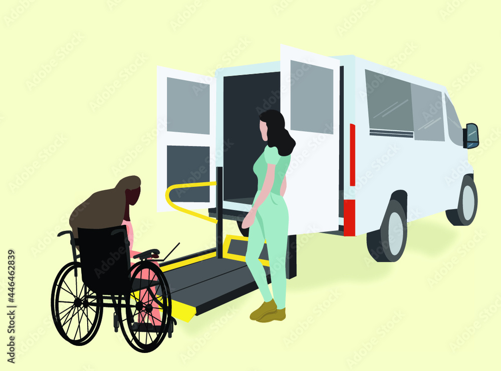 Volunteer helping young disabled woman in wheelchair, working on laptop at wheelchair accessible transportation with access ramp for disabled people in a bus. vector illustration. Volunteer helping young disabled woman in wheelchair, working on laptop at wheelchair accessible transportation with access ramp for disabled people in a bus. vector illustration.