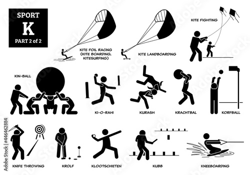 Sport games alphabet K vector icons pictogram. Kite foil racing, kite landboarding, kite fighting, kin-ball, ki-o-rahi, kurash, krachtbal, korfball, knife throwing, krolf, kubb, and kneeboarding.