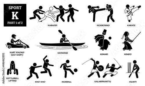 Sport games alphabet K vector icons pictogram. Kabaddi, kickboxing, karate, kart racing, go-kart, kayaking, kemari, kendo, kettlebell lifting, kho kho, kickball, kalaripayattu, and kilikiti.