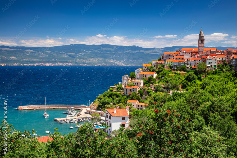 Vrbnik, Croatia. Aerial cityscape image of iconic village of Vrbnik, Croatia located on Krk Island at beautiful summer day.