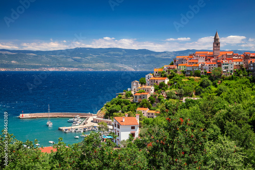 Obraz na płótnie Vrbnik, Croatia. Aerial cityscape image of iconic village of Vrbnik, Croatia located on Krk Island at beautiful summer day. w salonie