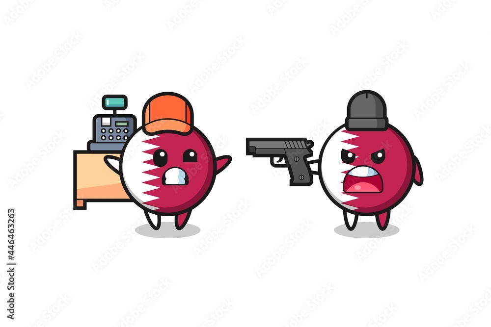illustration of the cute qatar flag badge as a cashier is pointed a gun by a robber illustration of the cute qatar flag badge as a cashier is pointed a gun by a robber