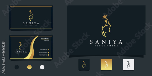 Beauty woman's face flower logo  with gold gradient and business card design Premium Vector
