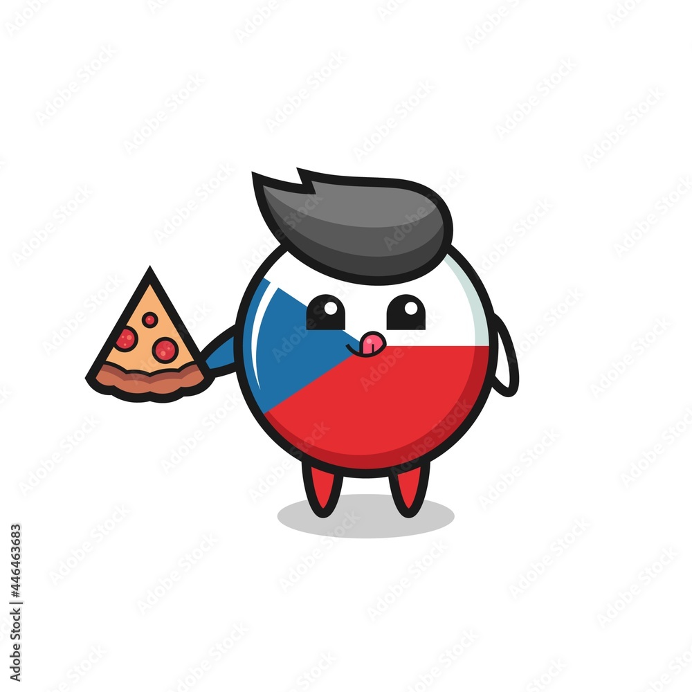 cute czech republic flag badge cartoon eating pizza