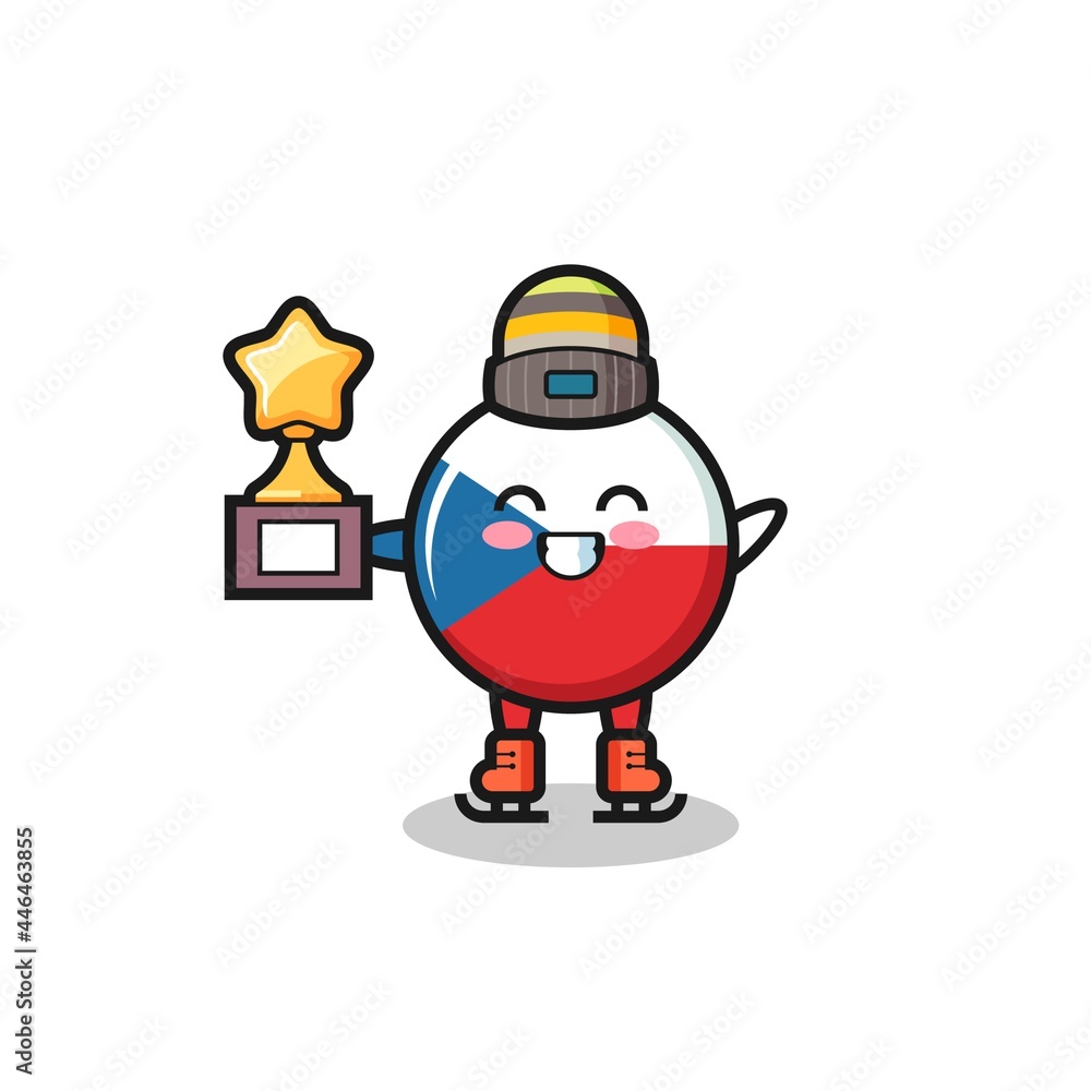 Fototapeta premium czech republic flag badge cartoon as an ice skating player hold winner trophy