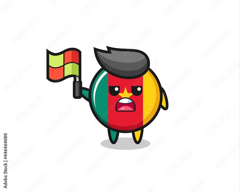 cameroon flag badge character as line judge putting the flag up cameroon flag badge character as line judge putting the flag up