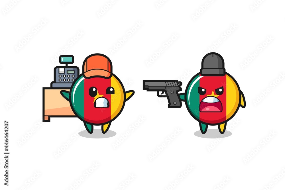 illustration of the cute cameroon flag badge as a cashier is pointed a gun by a robber illustration of the cute cameroon flag badge as a cashier is pointed a gun by a robber
