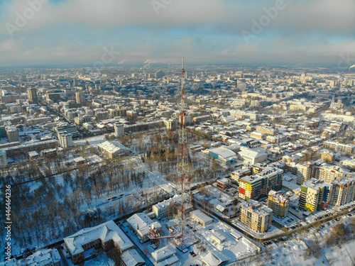 Aerial view of the TV tower in winter (Kirov, Russia)