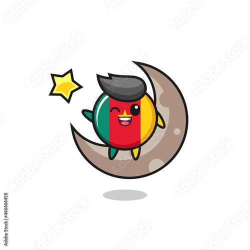 illustration of cameroon flag badge cartoon sitting on the half moon © heriyusuf
